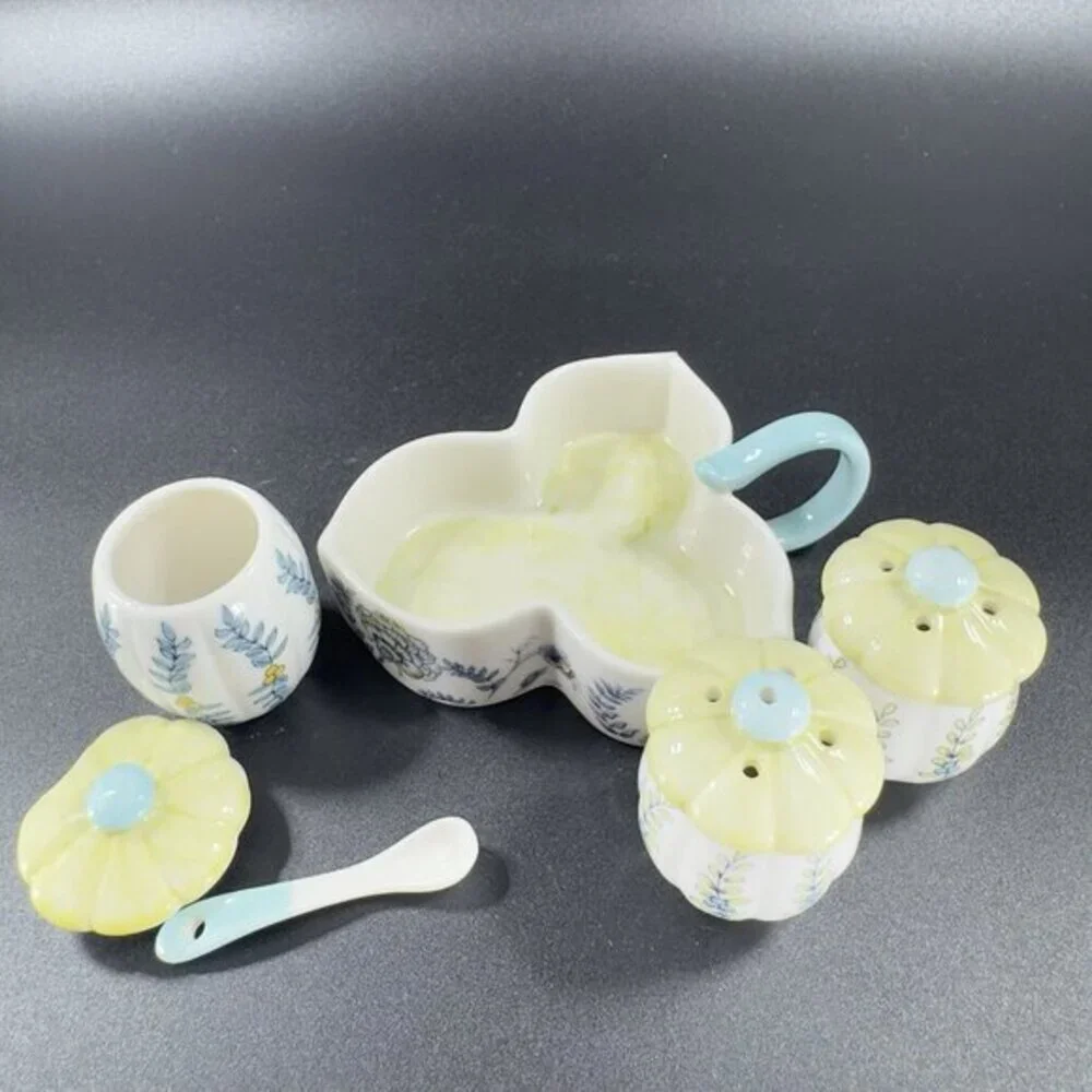 Anthropologie Ceramic Salt And‎ Pepper Covered Mustard Pot and Spoon on Tray VTG